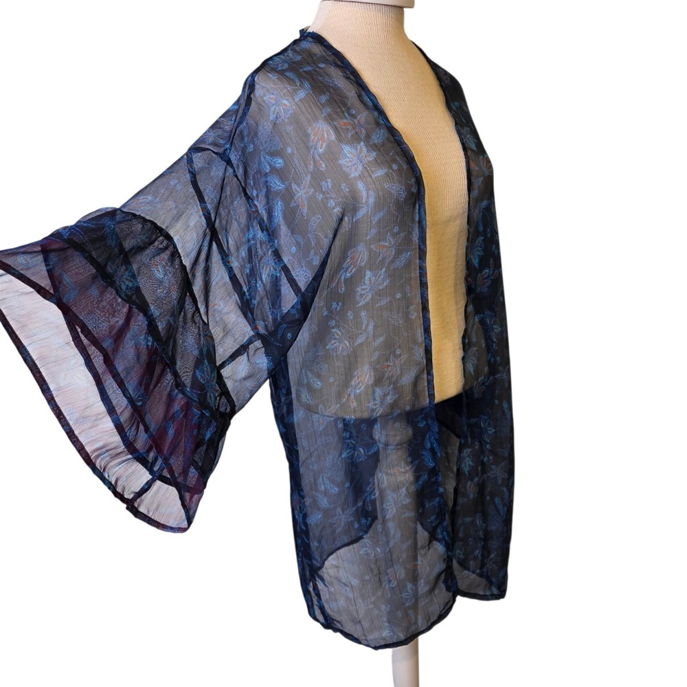 Gypsy Floral Double Ruffle Sleeve Women's Kimono Navy Sheer One Size NWT Coverup